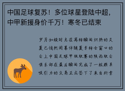 中国足球复苏！多位球星登陆中超，中甲新援身价千万！寒冬已结束