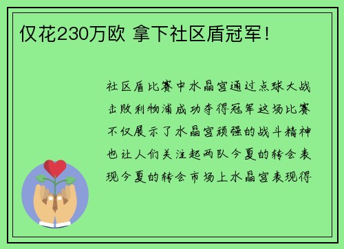仅花230万欧 拿下社区盾冠军！